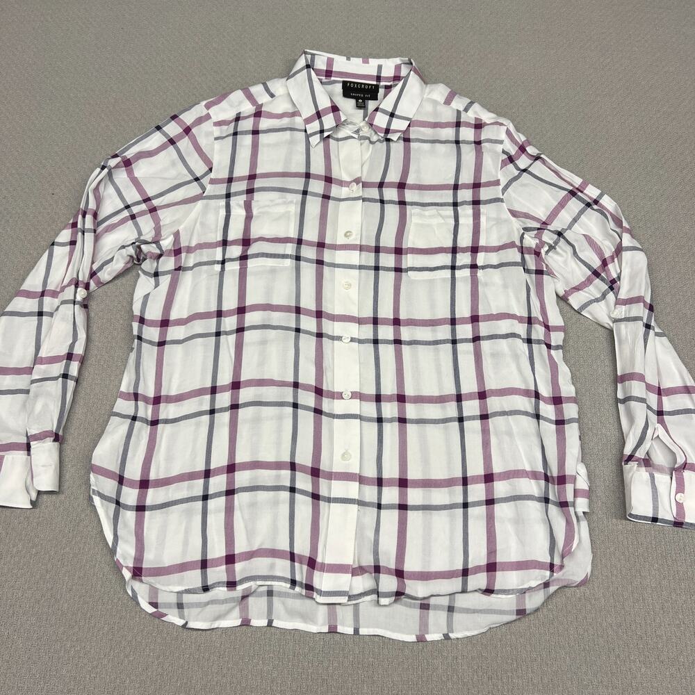 Foxcroft Top Womens 18 White Purple Plaid Shaped Fit Casual Stretch Lightweight